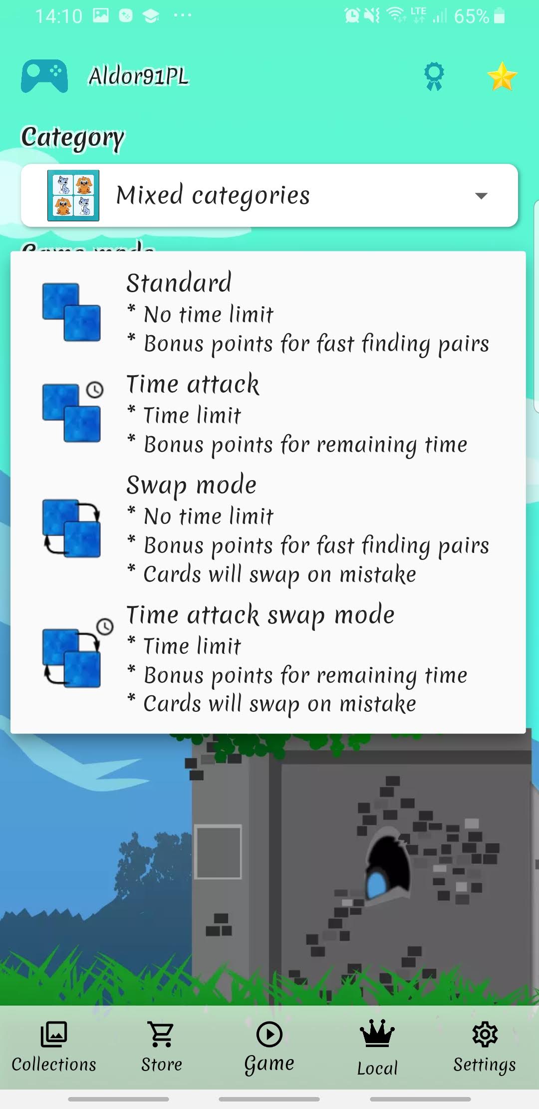 Cards Matching menu explaining standard, time attack and swap game modes